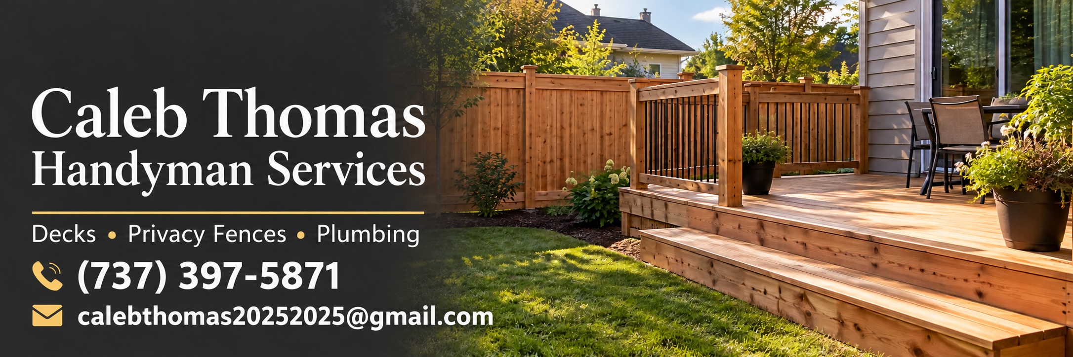 Charcoal banner · contact details for Caleb Thomas Handyman Services with phone (737) 397-5871 and email calebthomas20252025@gmail.com