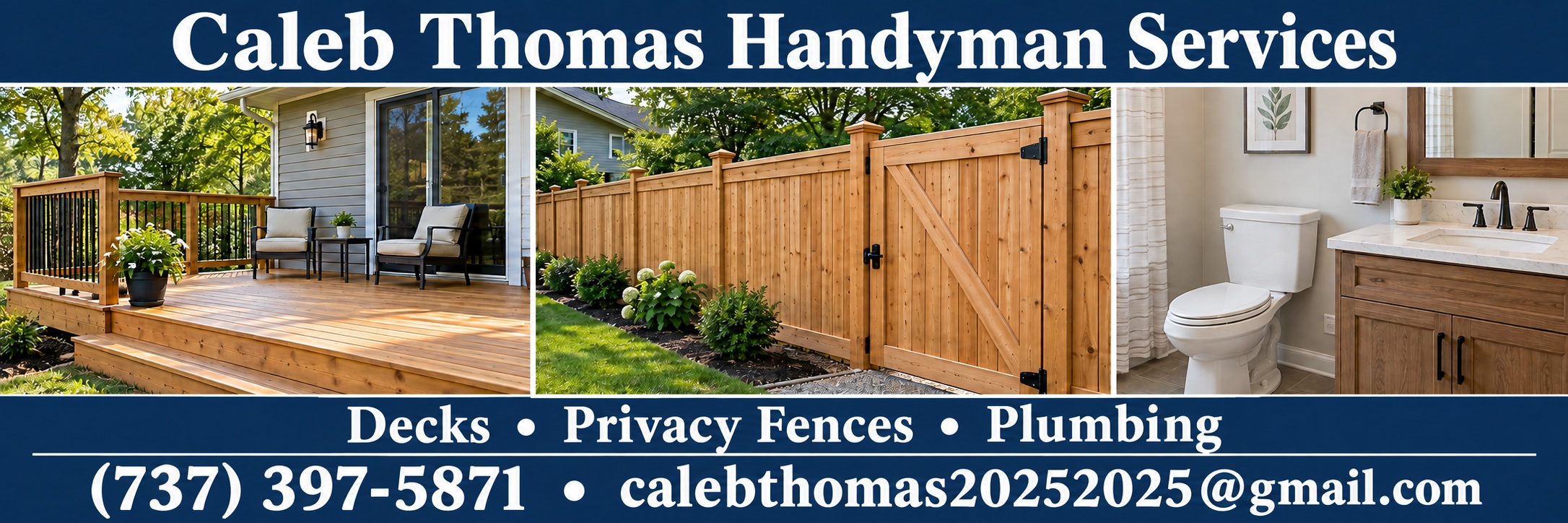 Navy banner · contact details for Caleb Thomas Handyman Services with phone (737) 397-5871 and email calebthomas20252025@gmail.com