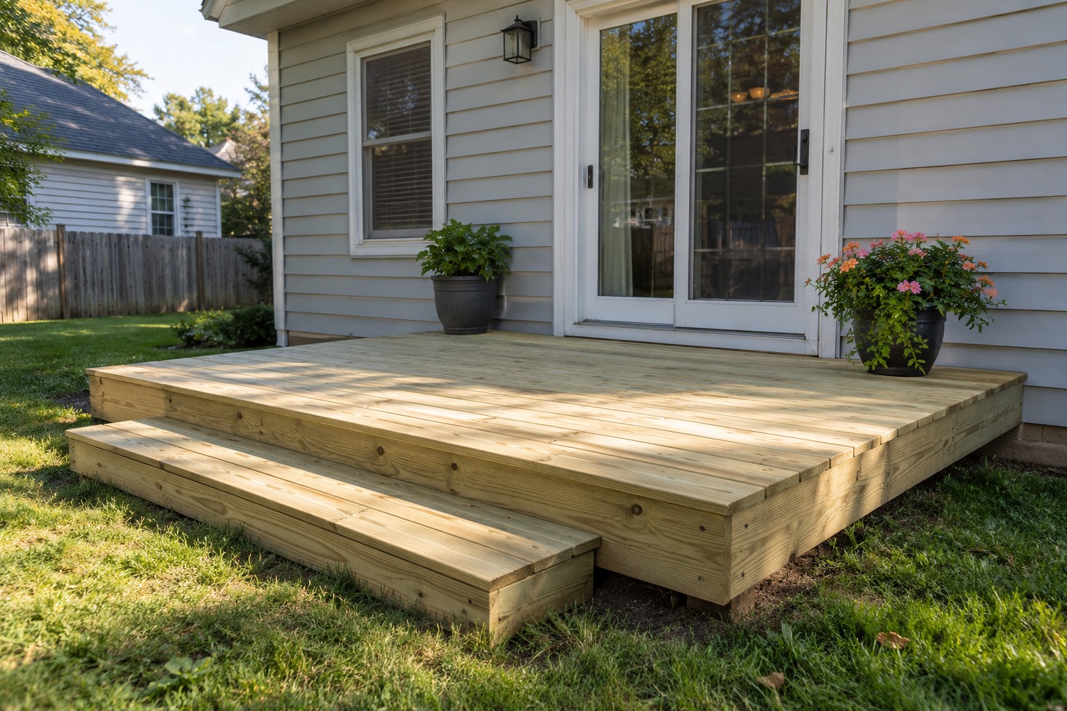 Illustrative example of a simple wood backyard deck