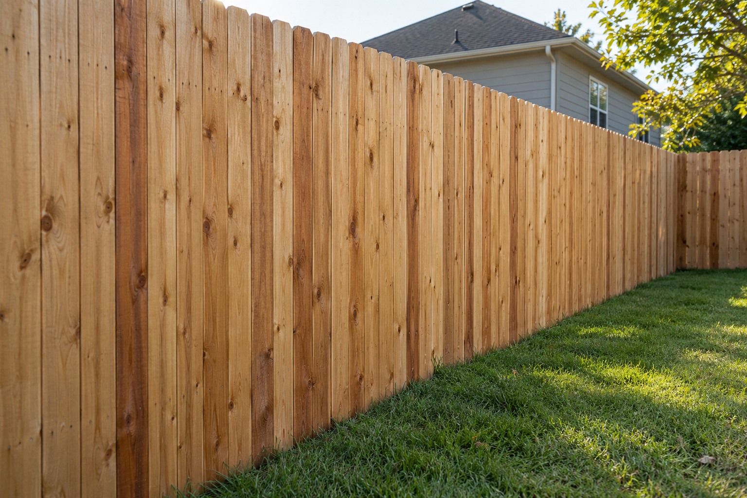 Vertical cedar privacy fence in a backyard