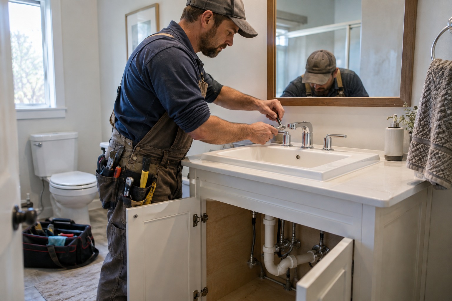 Illustrative bathroom sink installation scene