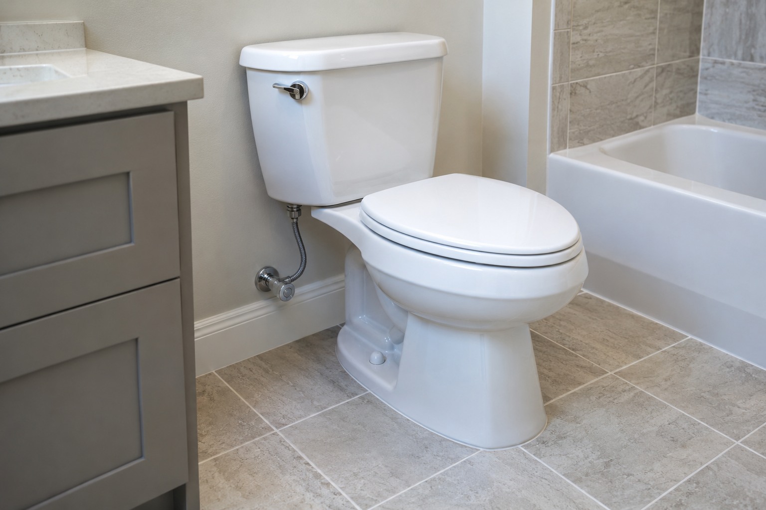 New white toilet in a tiled bathroom